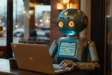 Fototapeta premium Photo of an AI robot sitting at the table and writing code on laptop, in office environment.
