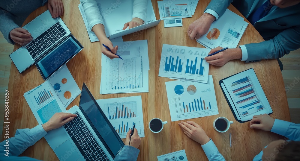 Poster a collaborative business meeting that focuses on data analysis and strategy planning to drive effect