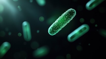Close-up view of green bacteria cells floating in dark background, representing microbiology, disease, and biohazard concepts.