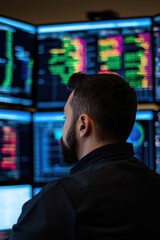Focused individual analyzing data on multiple monitors in a modern trading environment, showcasing technology and finance.