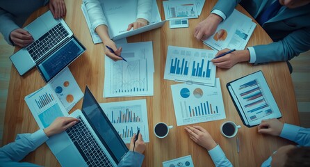 A Collaborative Business Meeting that focuses on Data Analysis and Strategy Planning to drive effective outcomes and engaging discussions among various professionals in the office environment