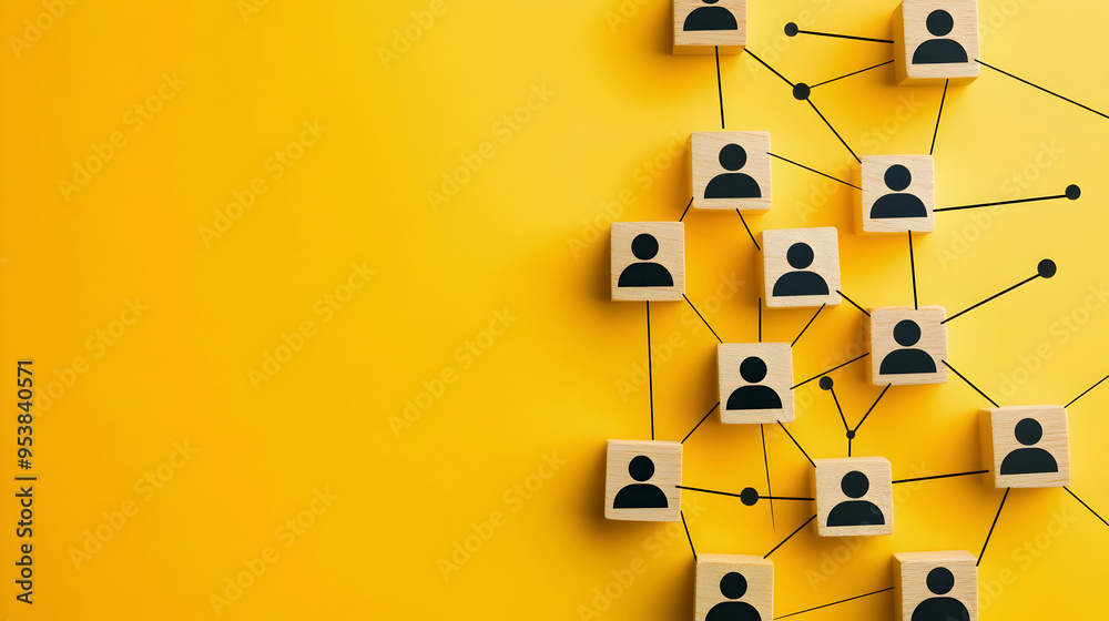 Wall mural a minimalist yellow backdrop features black lines that link icons of individuals positioned on woode