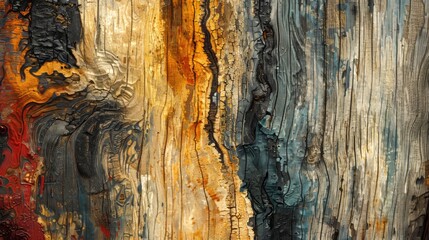 Rustic wood grain with abstract paint strokes. Generative AI