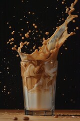 Slow-motion capture of coffee pouring into a glass of milk. Generative AI