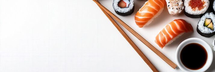 Assorted sushi rolls and nigiri with chopsticks and soy sauce on a white background. Copy space.