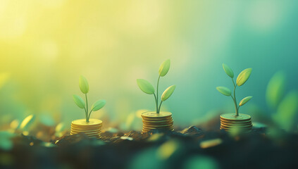 A conceptual stock photo featuring a glass jar filled with coins, with a growing plant emerging from the top, placed on a wooden table, financial planning, budgeting, and business growth