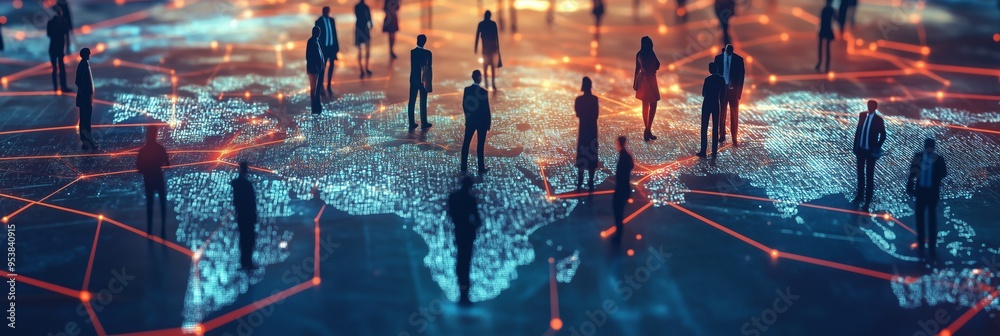 Poster Global Business Network and Digital Connection Visualization highlight analytics, communication, collaboration, and connectivity as key drivers of global business success and engagement