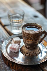 Turkish coffee served with a glass of water and Turkish delight. Generative AI