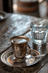 Turkish сoffee served with lokum and a glass of water. Generative AI