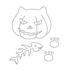 Outline of Halloween pumpkin in the shape of a cat's head, a fish skeleton and cat footprints. Set of Halloween items. Vector illustration on a white background