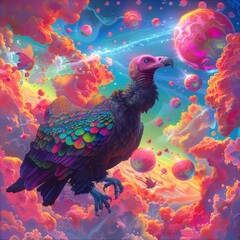 Fototapeta premium Vivid illustration of a majestic vulture soars through a vibrant sky, its wings outstretched against a backdrop of swirling clouds and celestial bodies.