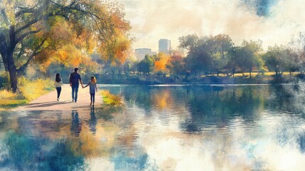Fototapeta premium Tranquil Lakeside Bonding: Hispanic Family Stroll in Watercolor Harmony
