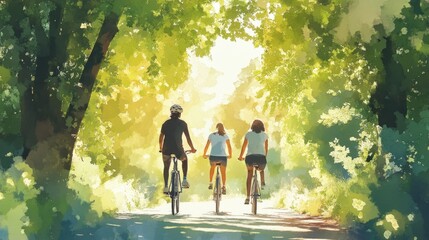 Obraz premium Vibrant Multicultural Friends Cycling in Lush Park - Watercolor Illustration of Togetherness and Energy