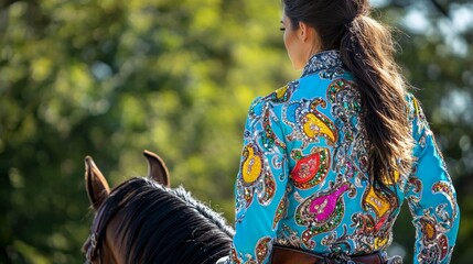 western horse show attire female horse rider wearing bright shirt with bling and western fashion pattern western pleasure horse show apparel for horse show competition in western riding
