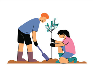 Fototapeta premium Two Volunteers Planting Trees Together. Volunteer Concept Illustrations.