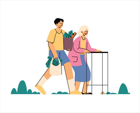 A Volunteer Helps Carry Groceries or an Old Lady. Volunteer Concept Illustrations.