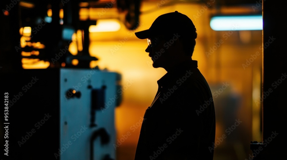 Poster Silhouette of a Man in a Factory Setting