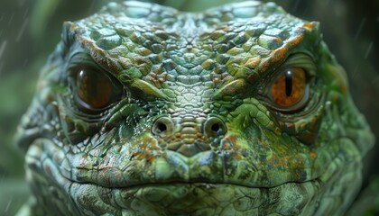 Fototapeta premium Highly Detailed Digital Artwork of Ferocious Green Reptilian Creature with Menacing Eyes