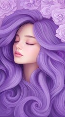 Naklejka premium Ethereal illustration of a woman with flowing purple hair amidst lavender roses, exuding peace and beauty.