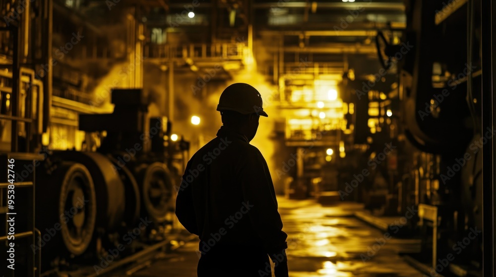 Poster a silhouetted worker in a factory setting