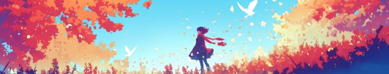 Obraz premium Autumn Symphony: Vibrant Anime-Style Illustration of Seasonal Change. Abstract Concept Art with Colorful Foliage for Games, Storybooks, and Comics. Dreamy 4K Wallpaper for Home Decor, Marketing, and F