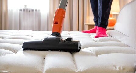 Cleaning bed with vacuum cleaner. Household, health care.