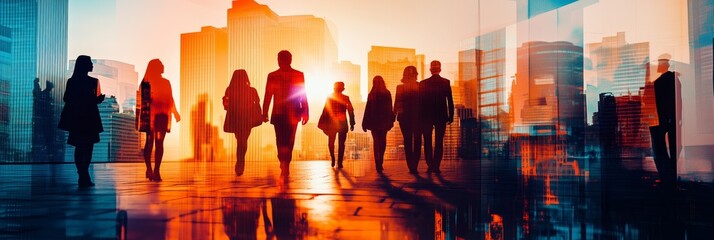 Silhouetted business professionals stand confidently against a vibrant cityscape, symbolizing modern corporate life, framed by a stunning sunset, creating a scene of ambition and progress