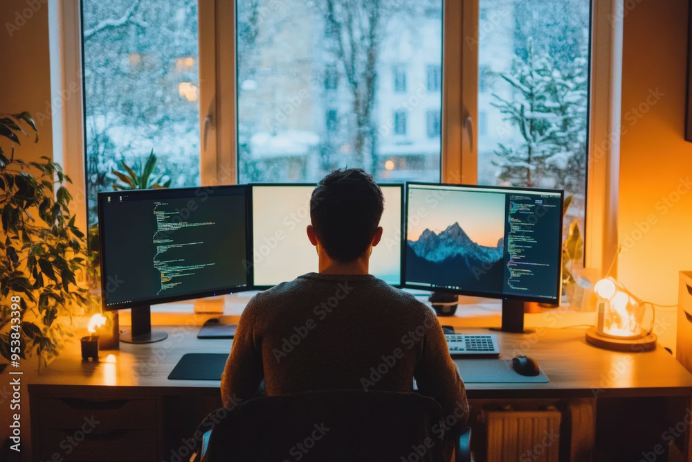 Poster software developer concentrating on programming code on his triple monitor setup in his home office