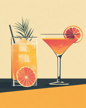 Illustration of a refreshing and vibrant cocktail glasses. Glasses of cold tasty aperitif drink, beautifully captured as a refreshing delight for festive celebratrions and gatherings. 
