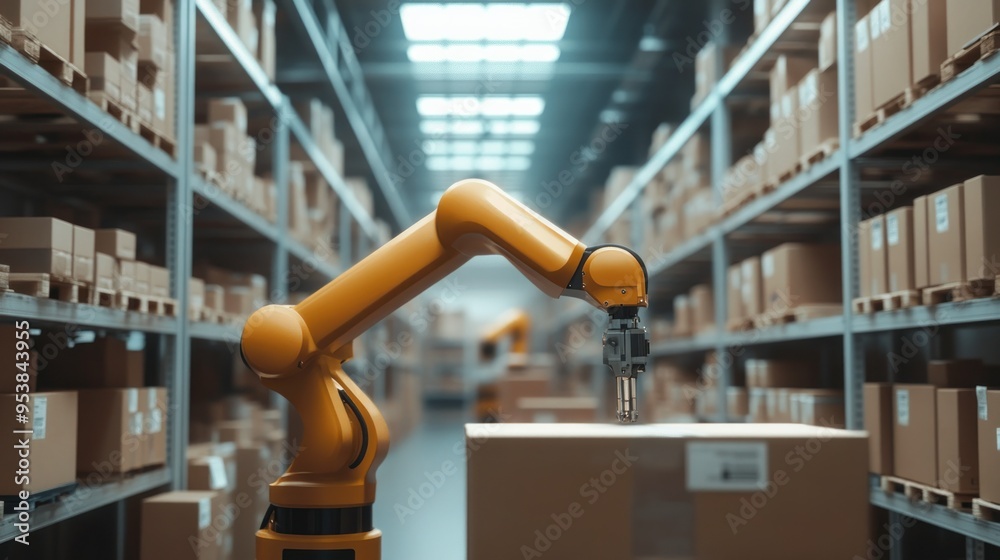 Poster robotic arm handling a cardboard box in a warehouse