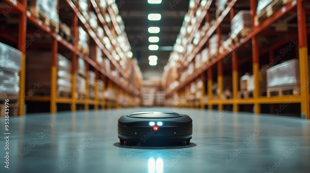 Poster autonomous robot in a warehouse with blurred shelving