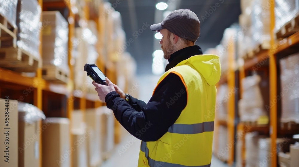Poster warehouse worker scanning packages with a handheld scanner