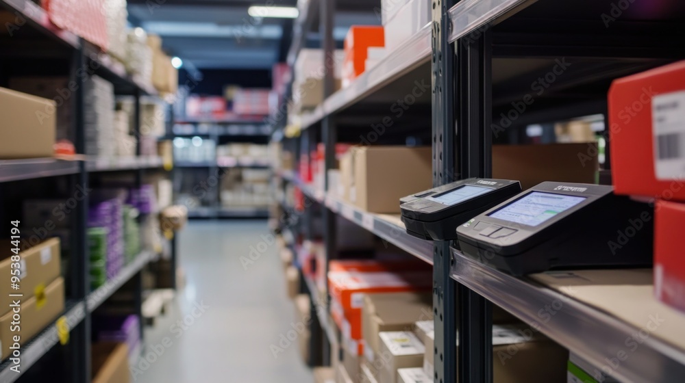 Poster two black handheld devices on a shelf in a warehouse
