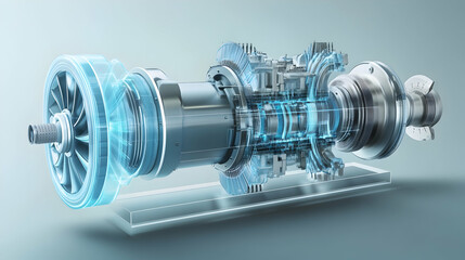 Physics illustration of an impulse turbine with a fixed nozzle and rotating turbine blades, depicting a setup with stationary nozzles followed by moving blades