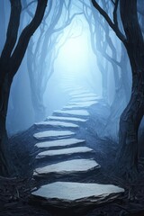 Naklejka premium A path through a dark forest with light at the end, symbolizing the journey through illness, illness, hope and perseverance