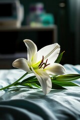 Obraz premium A single white lily on a hospital bed, symbolizing purity and the end of life, illness, mourning and peace