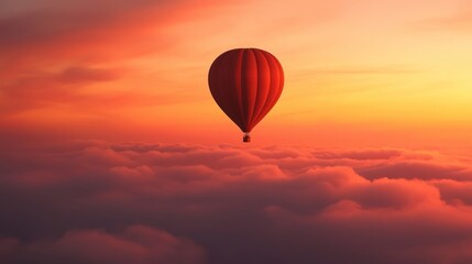 Obraz premium Hot air balloon floating above the clouds with a vibrant sunset background, capturing the essence of adventure, freedom, and tranquility.