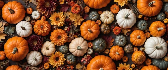 Vibrant Autumn Harvest with Colorful Pumpkins and Fall Flowers
