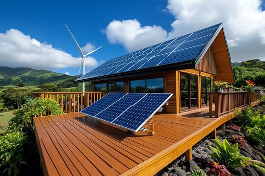 Renewable energy, off-grid living, self-sufficient homes rely on solar panels and wind turbines for sustainable power