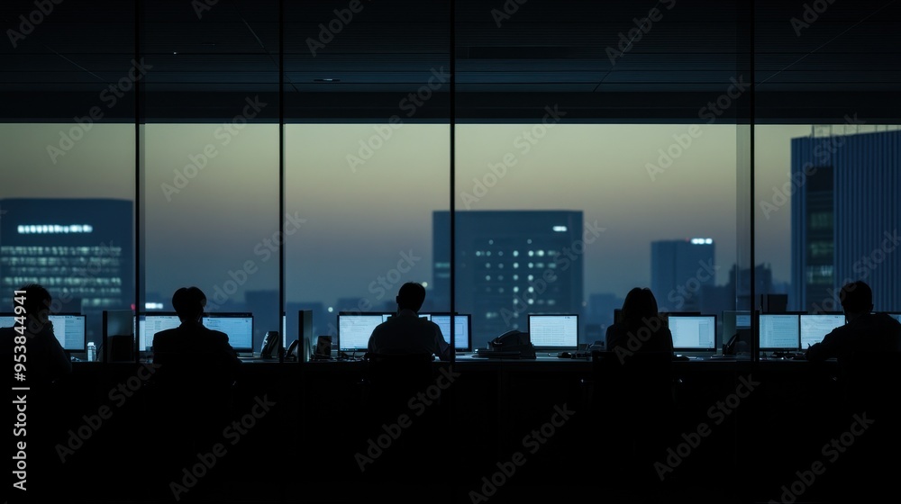 Poster Silhouetted Figures Working at Computers in an Office with a City View