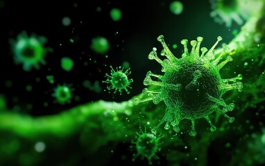 Fototapeta premium Close-up view of a virus with intricate detail, showcasing its structure and vibrant green color against a dark background.
