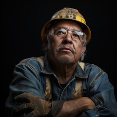 Fototapeta premium A skilled worker gazes thoughtfully, showcasing resilience and dedication in his craft