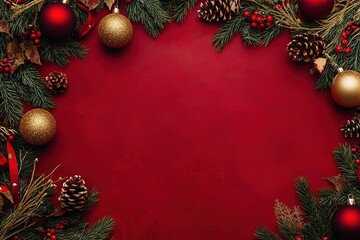 Christmas background with red color and decorative elements, space for text