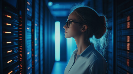 Fototapeta premium White american female IT specialist analysing privacy data information leaks in server office technology business significantly artificial intelligence cyber security threat concept 