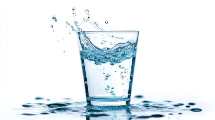 A glass of water with a dynamic splash, capturing the moment of movement with droplets suspended around the rim, isolated on a white background.