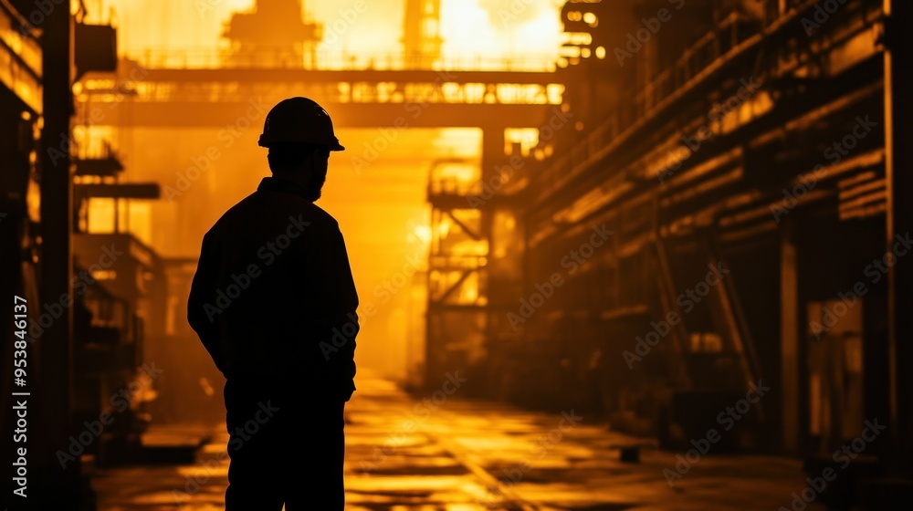 Poster silhouetted figure in industrial setting with glowing background