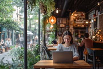 Young female professional is focused on her work, typing on her laptop in a trendy coffee shop with natural light and lush greenery