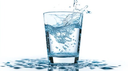 A glass filled with water on the verge of overflowing, with dynamic splashes and bubbles, captured against a clean, white background.