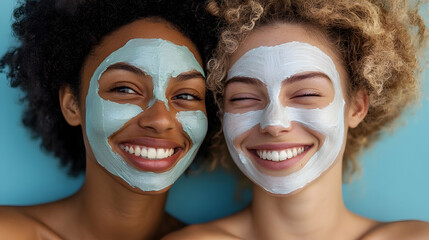 1. Two diverse women are smiling while wearing beauty face masks on their faces.