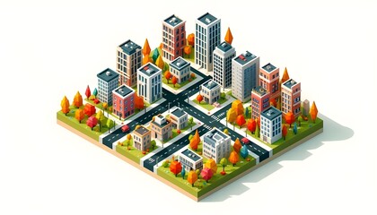 A small section of a city with low-poly buildings, streets, and trees in full fall colors. The isometric perspective adds depth, while the vibrant colors and minimalist design keep the scene lively ye